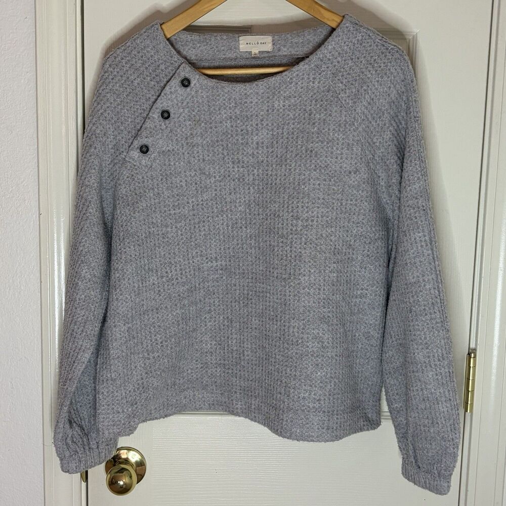Mello Day Waffle Knit Crew Neck Button Shoulder Pullover Sweater Gray Size L